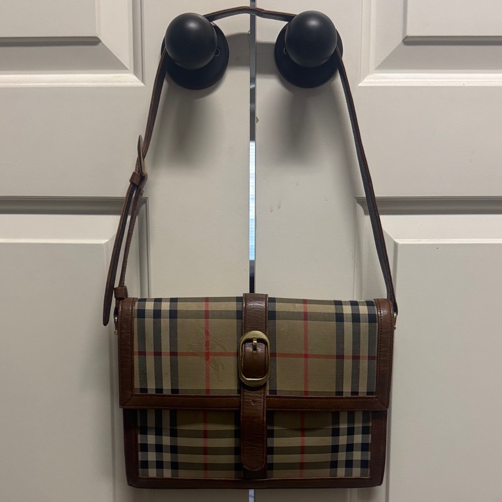 Burberry Beige Plaid Shoulder Bag with Brown Leather Trim